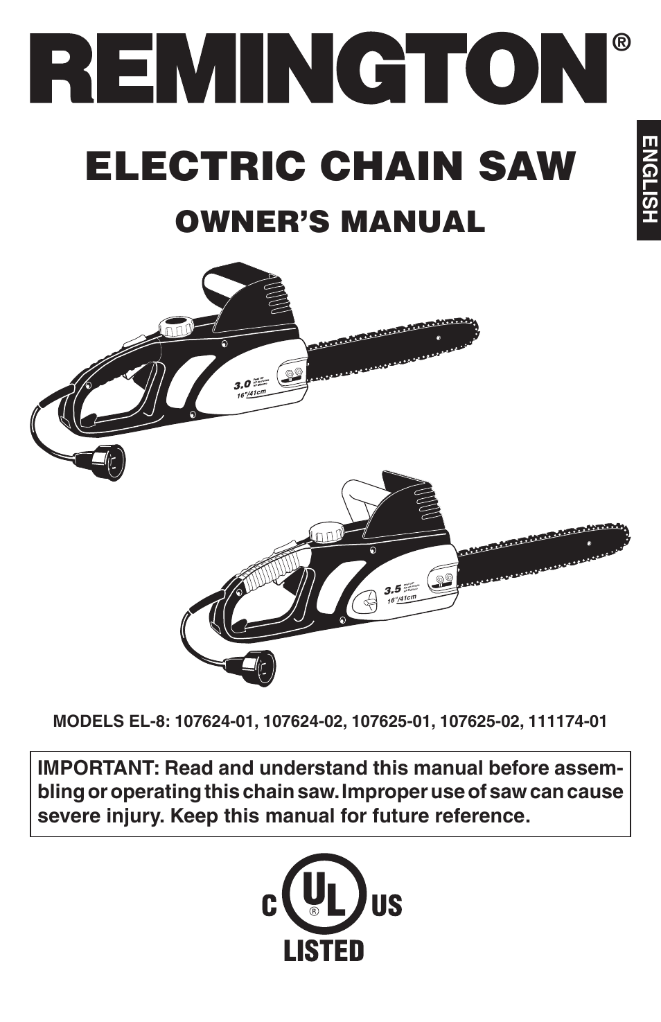 Electric chain saw, Owner’s manual, English | Desa 11174-01 User Manual | Page 3 / 68