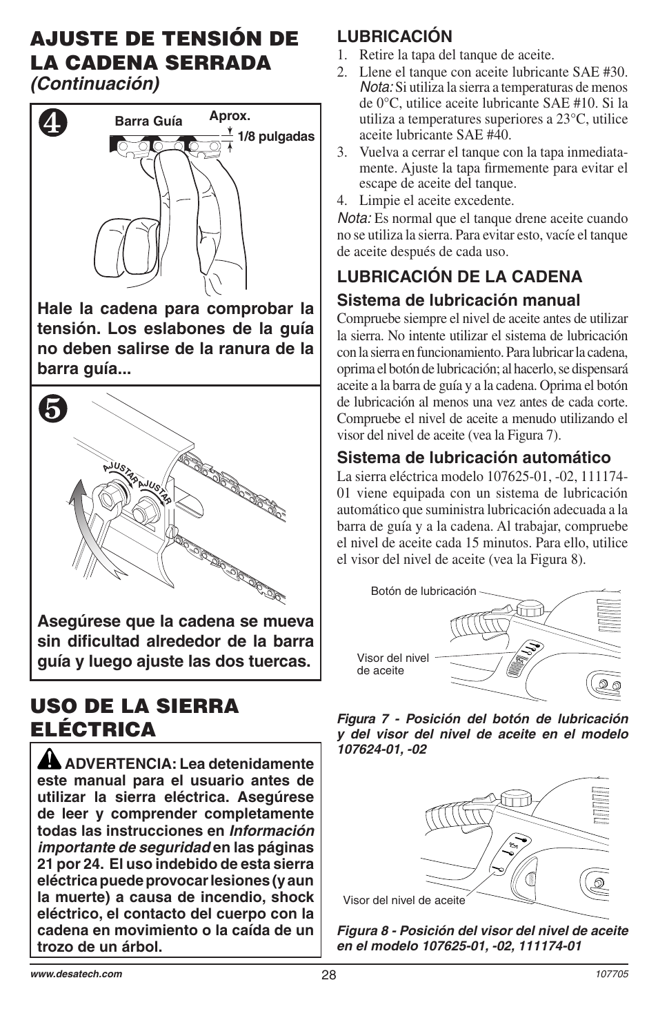 Ajuste de tensión de la cadena serrada, Uso de la sierra eléctrica, Continuación) | Sistema de lubricación automático | Desa 11174-01 User Manual | Page 30 / 68