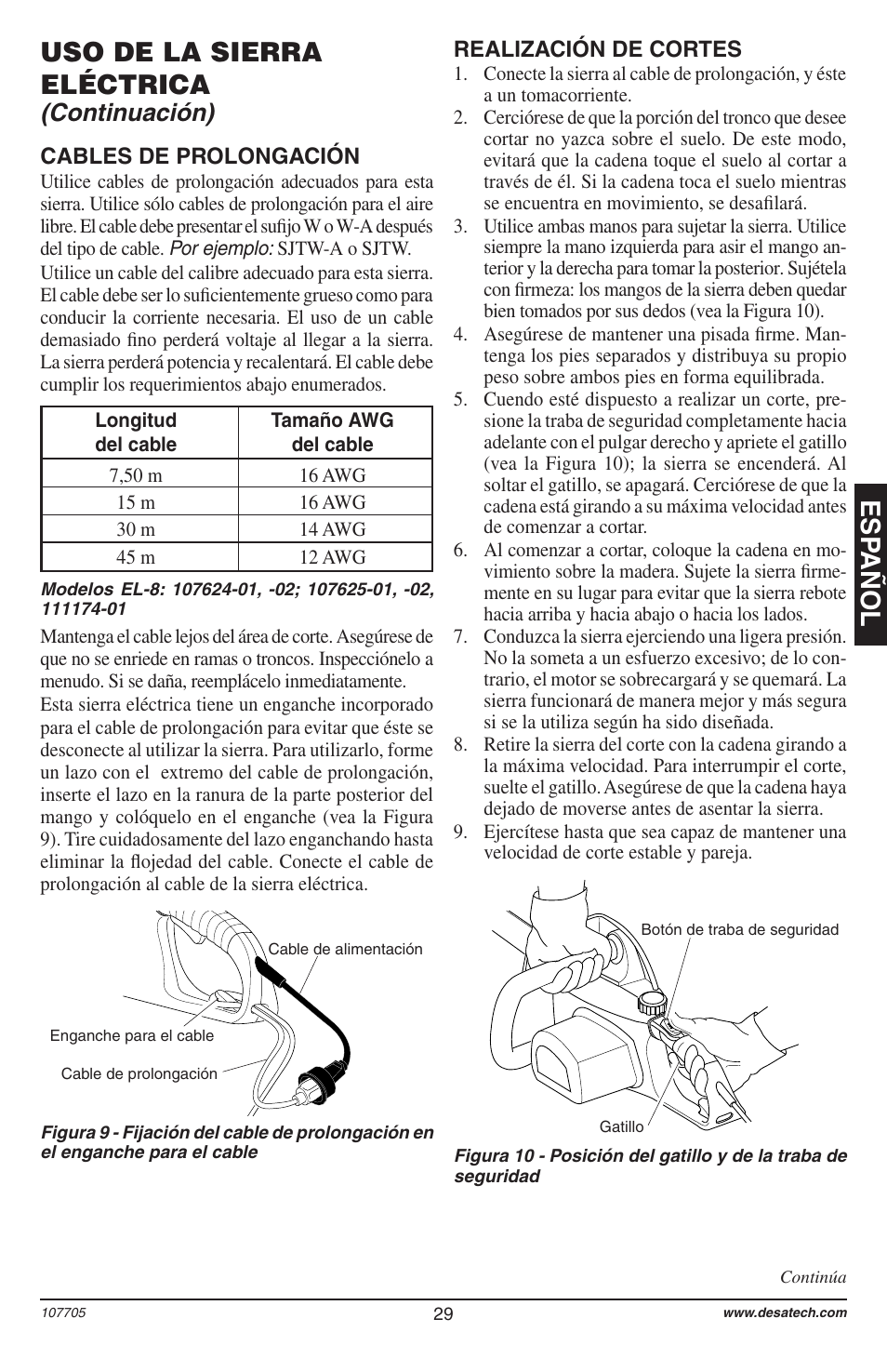 Esp añol, Uso de la sierra eléctrica, Continuación) | Desa 11174-01 User Manual | Page 31 / 68