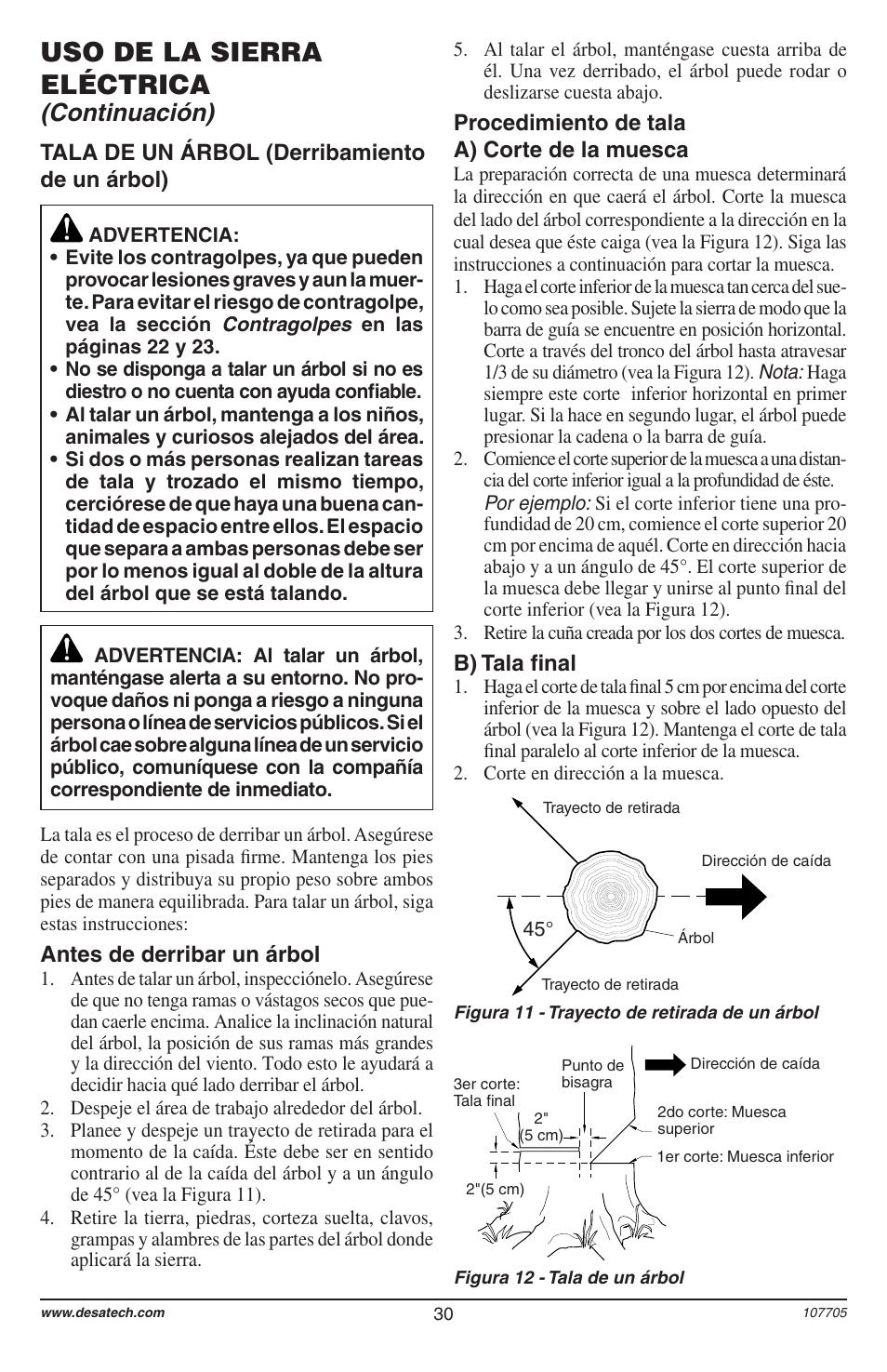 Uso de la sierra eléctrica, Continuación), Tala de un árbol (derribamiento de un árbol) | Antes de derribar un árbol, Procedimiento de tala a) corte de la muesca, B) tala ﬁnal | Desa 11174-01 User Manual | Page 32 / 68