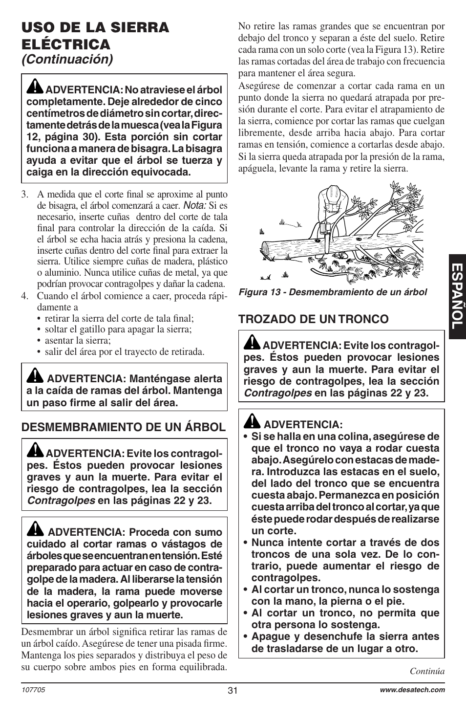 Esp añol, Uso de la sierra eléctrica, Continuación) | Desa 11174-01 User Manual | Page 33 / 68