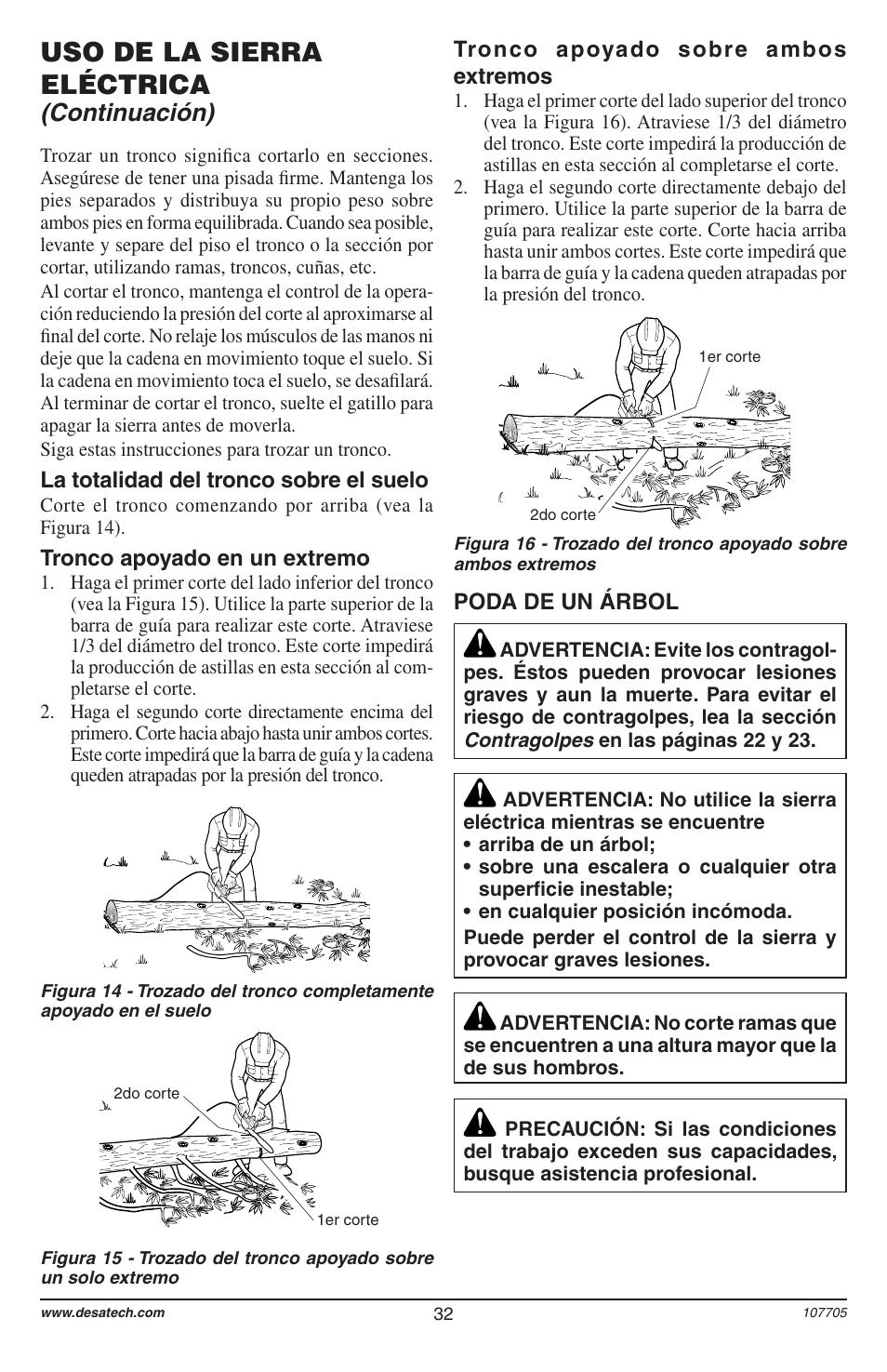 Uso de la sierra eléctrica, Continuación) | Desa 11174-01 User Manual | Page 34 / 68