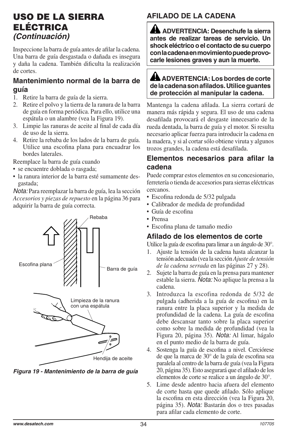 Uso de la sierra eléctrica, Continuación) | Desa 11174-01 User Manual | Page 36 / 68