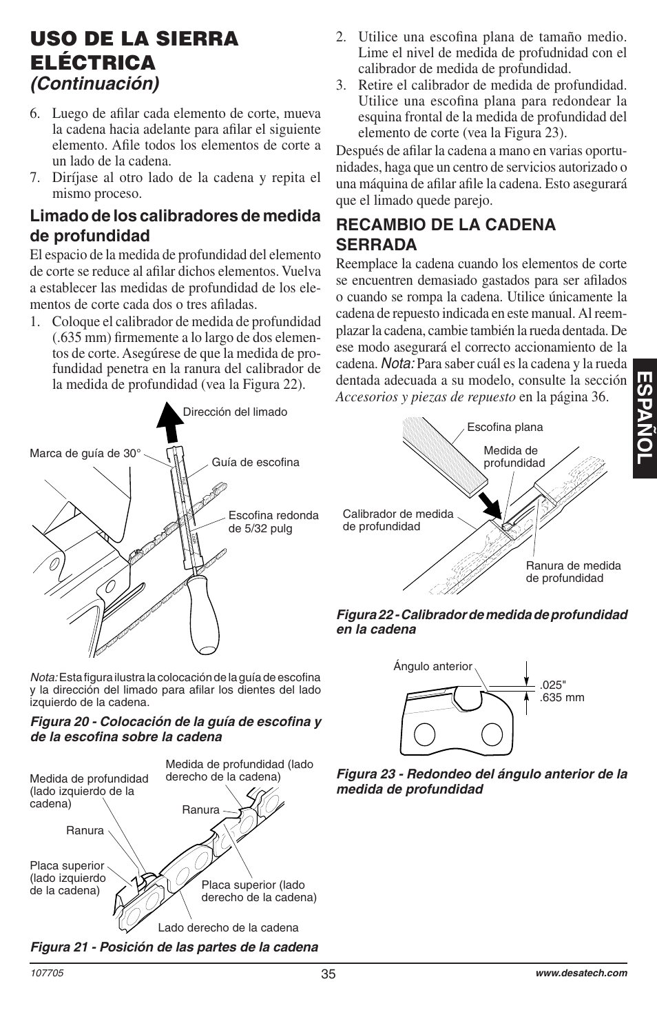 Esp añol, Uso de la sierra eléctrica, Continuación) | Recambio de la cadena serrada | Desa 11174-01 User Manual | Page 37 / 68