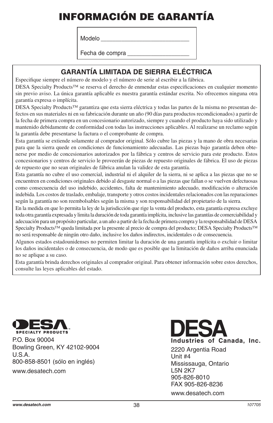 Información de garantía | Desa 11174-01 User Manual | Page 40 / 68