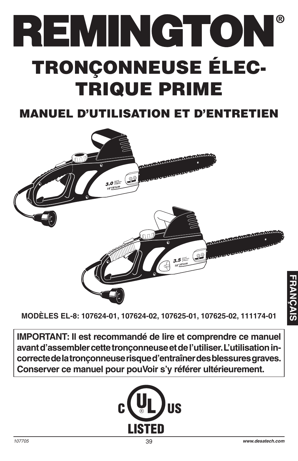 Tronçonneuse élec- trique prime, Manuel d’utilisation et d’entretien, Français | Desa 11174-01 User Manual | Page 41 / 68