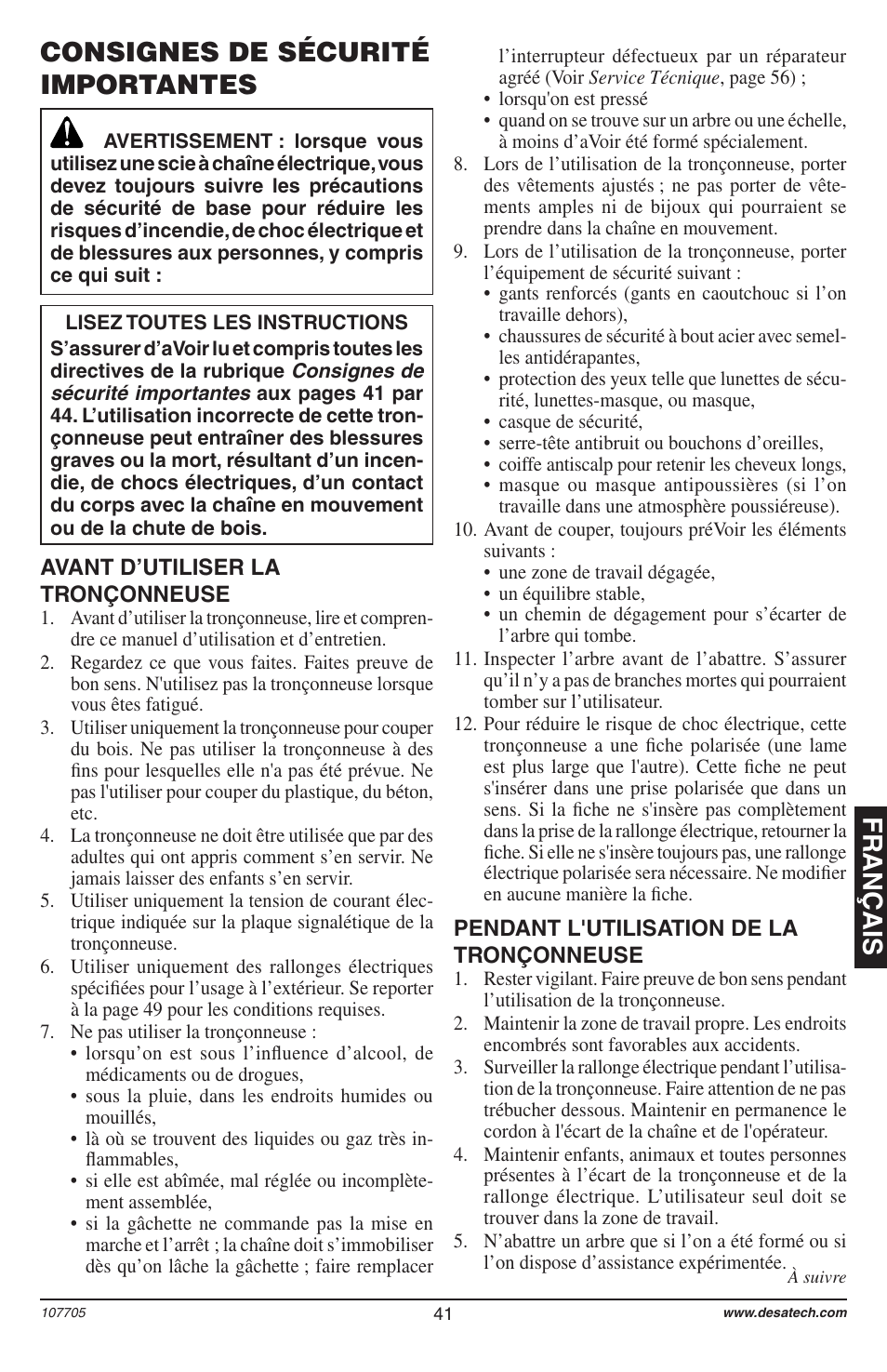 Français consignes de sécurité importantes | Desa 11174-01 User Manual | Page 43 / 68