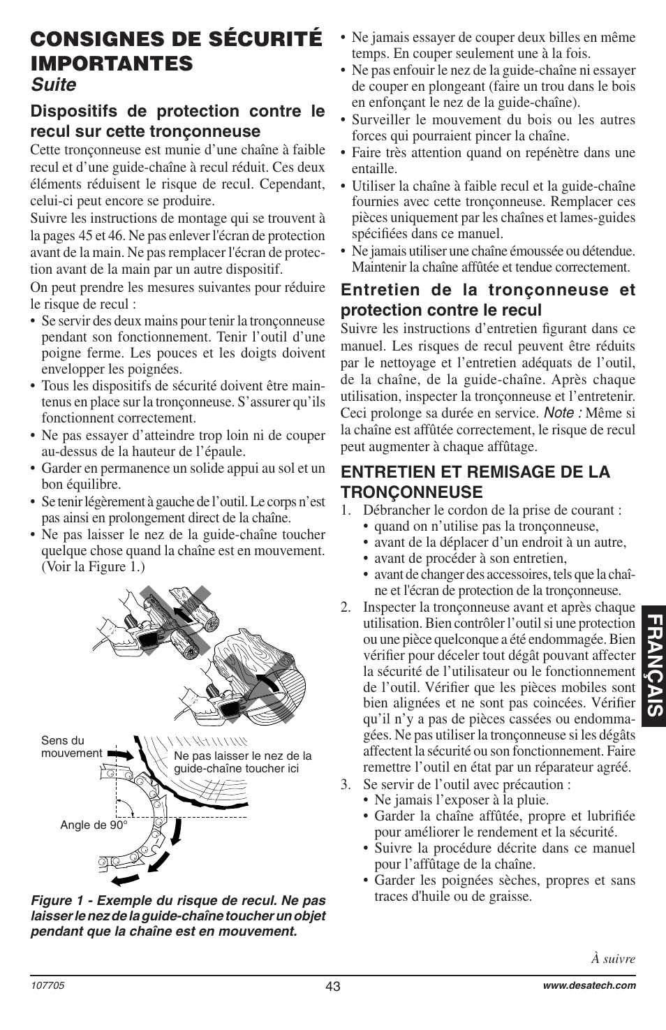 Français, Consignes de sécurité importantes, Suite | Desa 11174-01 User Manual | Page 45 / 68