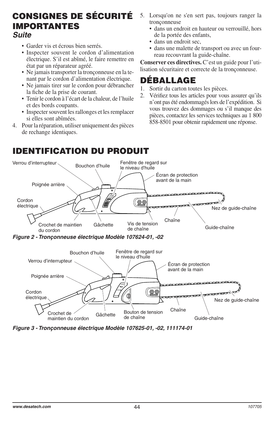 Consignes de sécurité importantes, Identification du produit, Déballage | Suite | Desa 11174-01 User Manual | Page 46 / 68