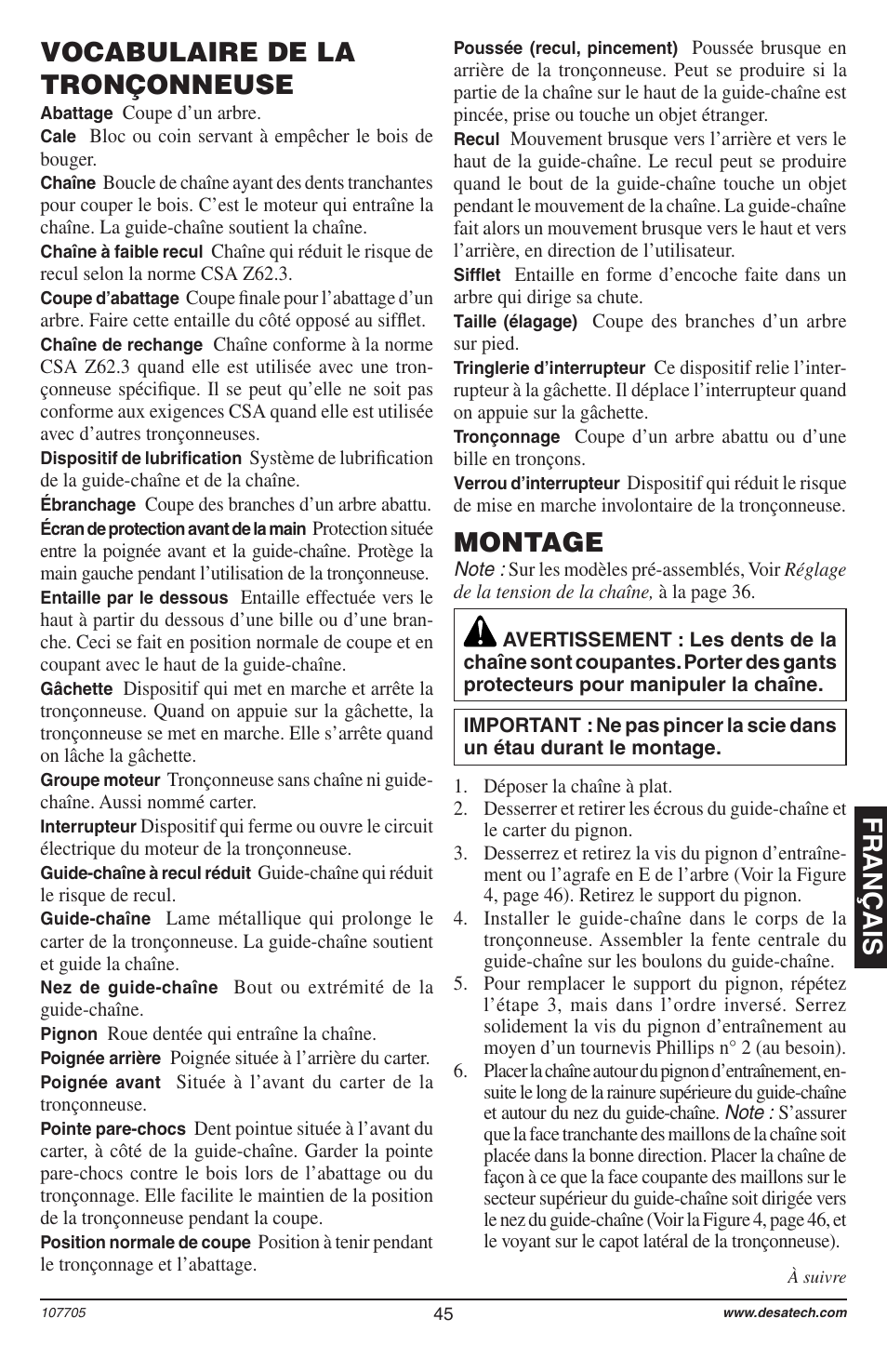 Français montage, Vocabulaire de la tronçonneuse | Desa 11174-01 User Manual | Page 47 / 68