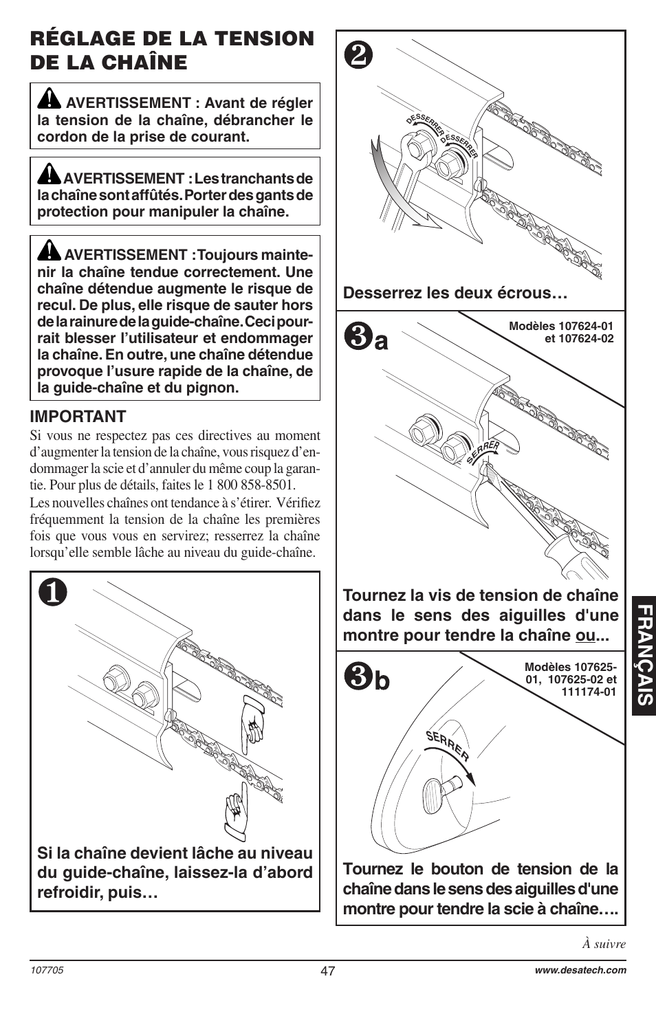 Français réglage de la tension de la chaîne, Important | Desa 11174-01 User Manual | Page 49 / 68