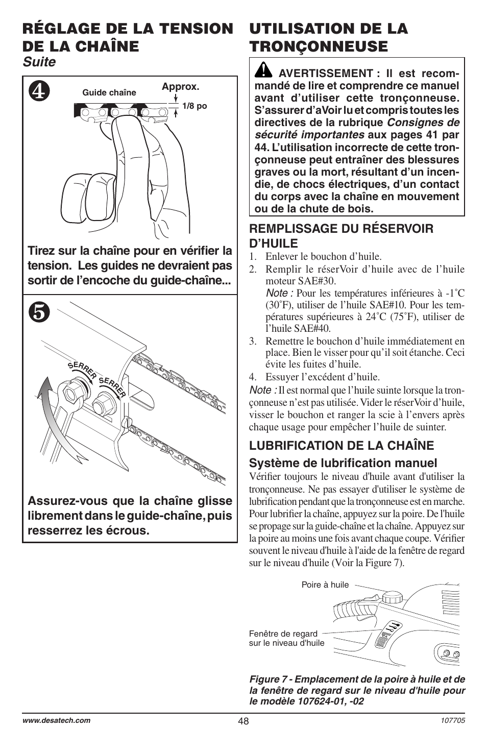 Réglage de la tension de la chaîne, Utilisation de la tronçonneuse, Suite | Remplissage du réservoir d’huile | Desa 11174-01 User Manual | Page 50 / 68