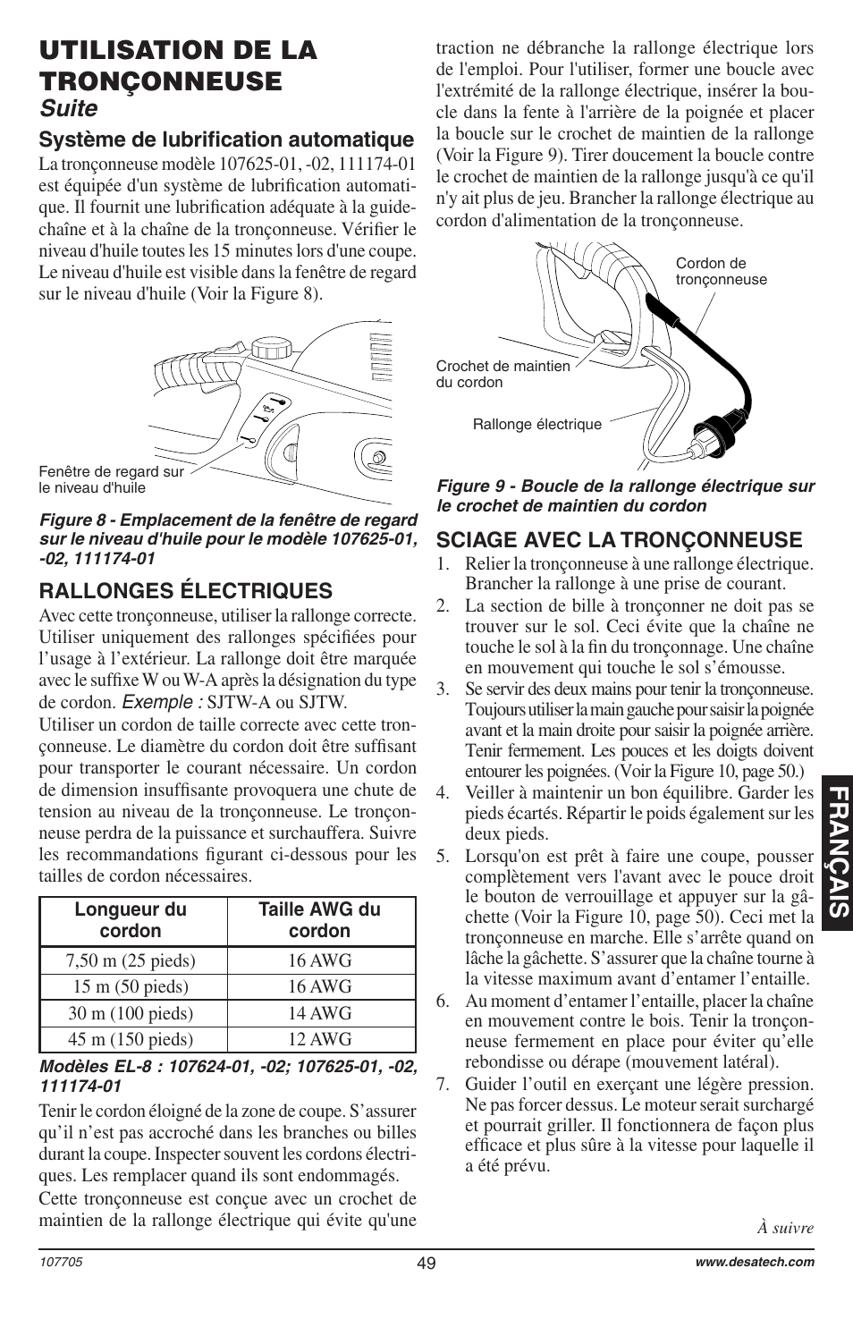 Français, Utilisation de la tronçonneuse, Suite | Desa 11174-01 User Manual | Page 51 / 68