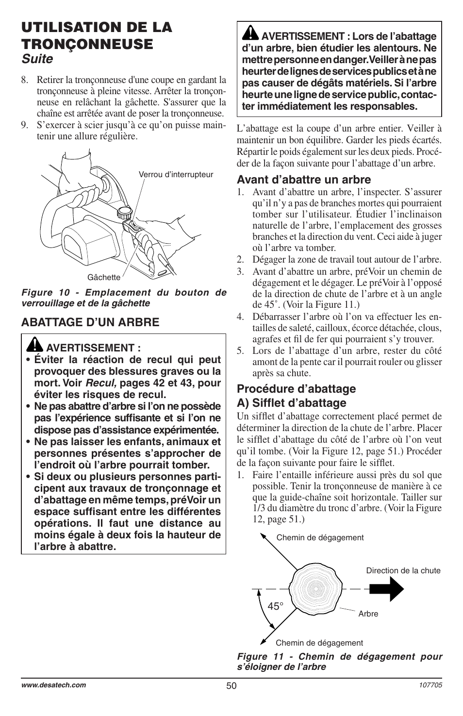 Utilisation de la tronçonneuse, Suite | Desa 11174-01 User Manual | Page 52 / 68