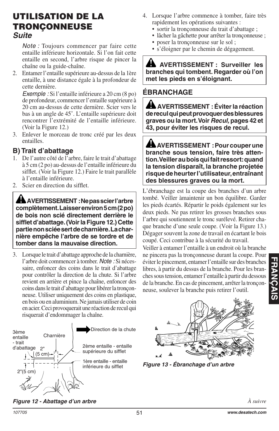 Français, Utilisation de la tronçonneuse, Suite | B) trait d’abattage, Ébranchage | Desa 11174-01 User Manual | Page 53 / 68