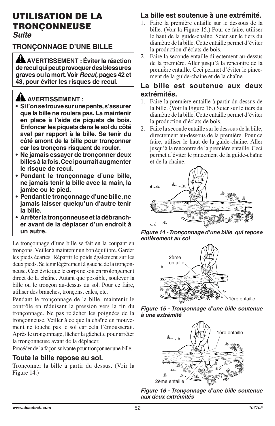 Utilisation de la tronçonneuse, Suite | Desa 11174-01 User Manual | Page 54 / 68