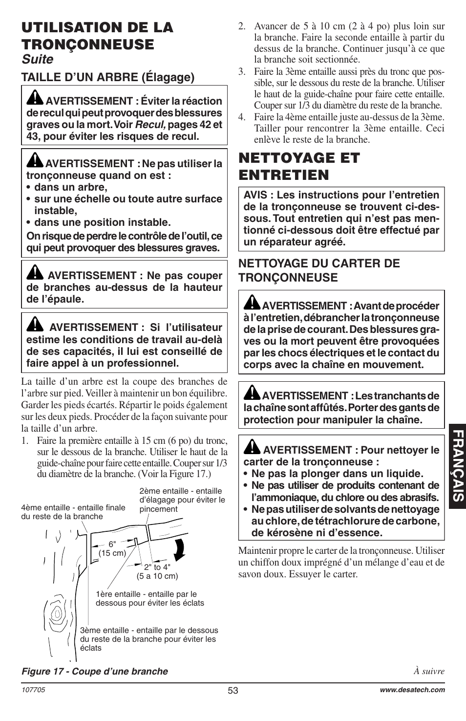 Français utilisation de la tronçonneuse, Nettoyage et entretien, Suite | Taille d’un arbre (élagage), Nettoyage du carter de tronçonneuse | Desa 11174-01 User Manual | Page 55 / 68