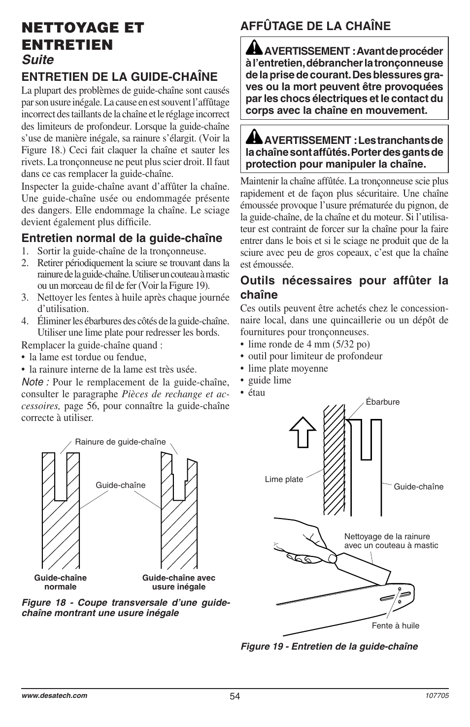 Nettoyage et entretien, Suite, Outils nécessaires pour affûter la chaîne | Affûtage de la chaîne, Entretien de la guide-chaîne, Entretien normal de la guide-chaîne | Desa 11174-01 User Manual | Page 56 / 68