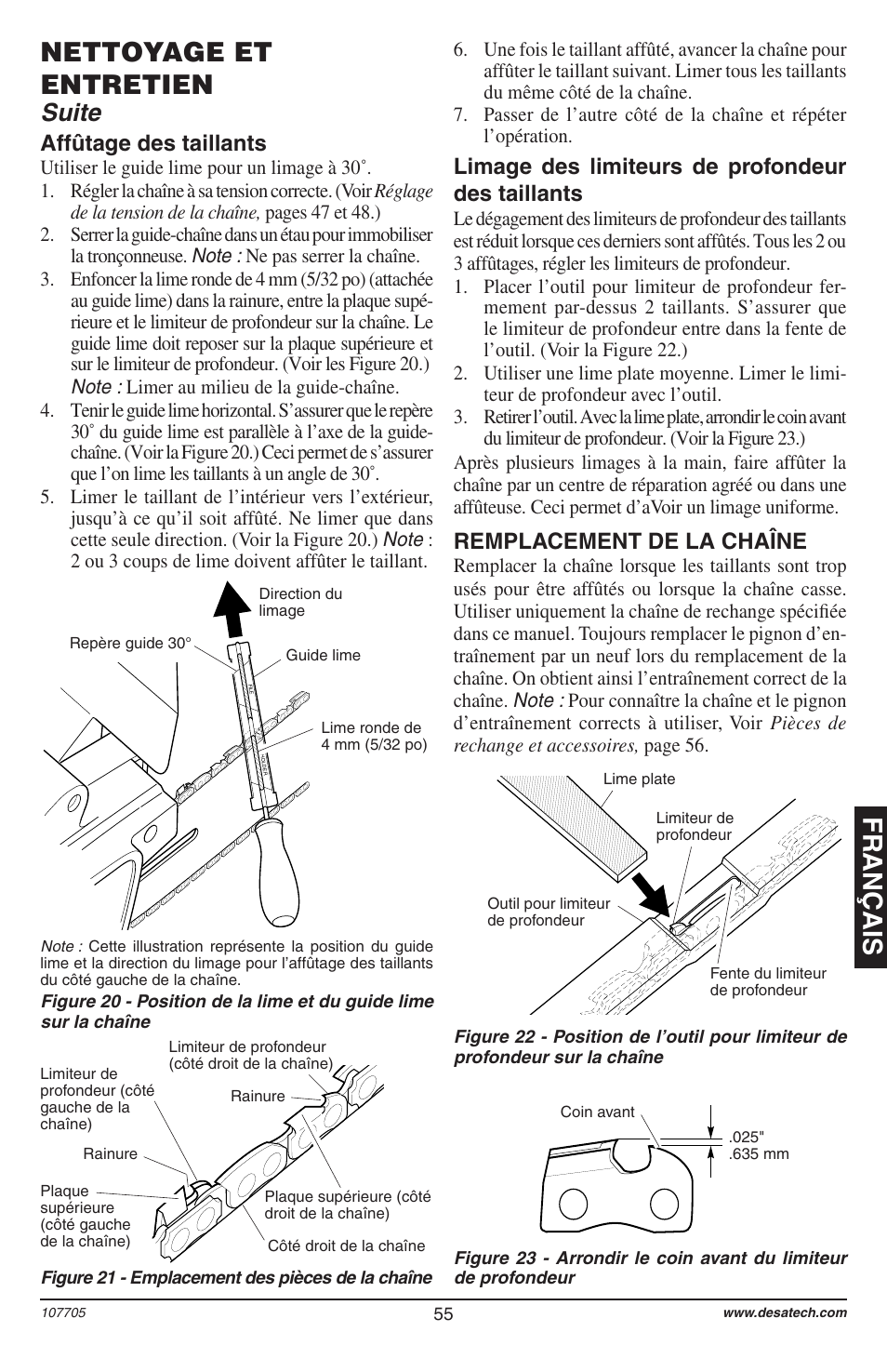 Français, Nettoyage et entretien, Suite | Affûtage des taillants, Limage des limiteurs de profondeur des taillants, Remplacement de la chaîne | Desa 11174-01 User Manual | Page 57 / 68