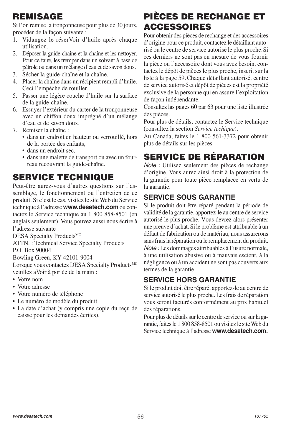 Remisage, Service de réparation, Service technique | Pièces de rechange et accessoires | Desa 11174-01 User Manual | Page 58 / 68