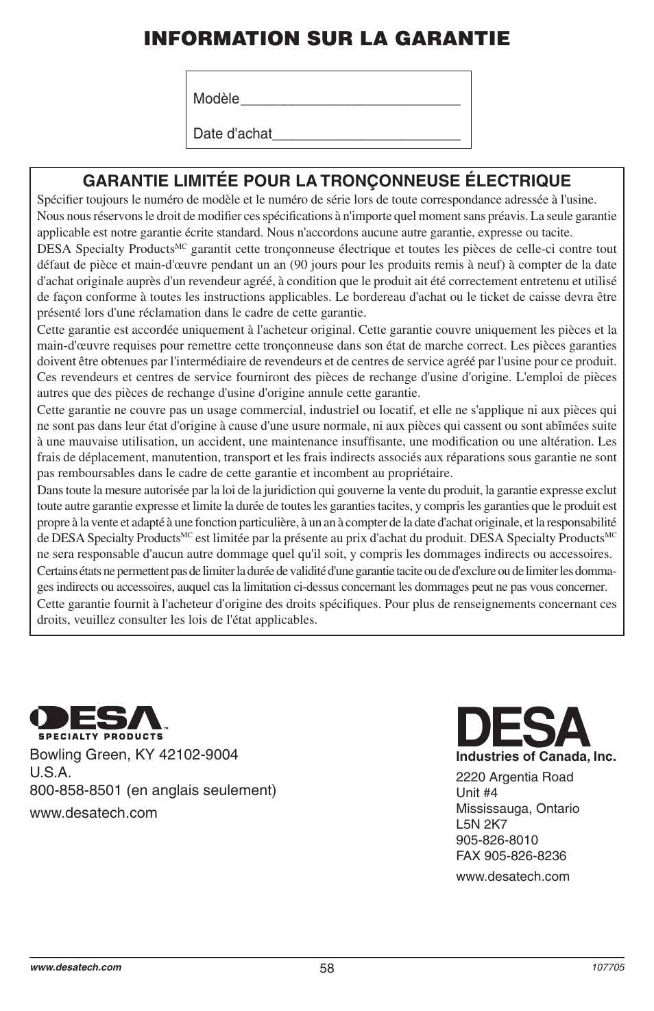 Information sur la garantie, Garantie limitée pour la tronçonneuse électrique | Desa 11174-01 User Manual | Page 60 / 68