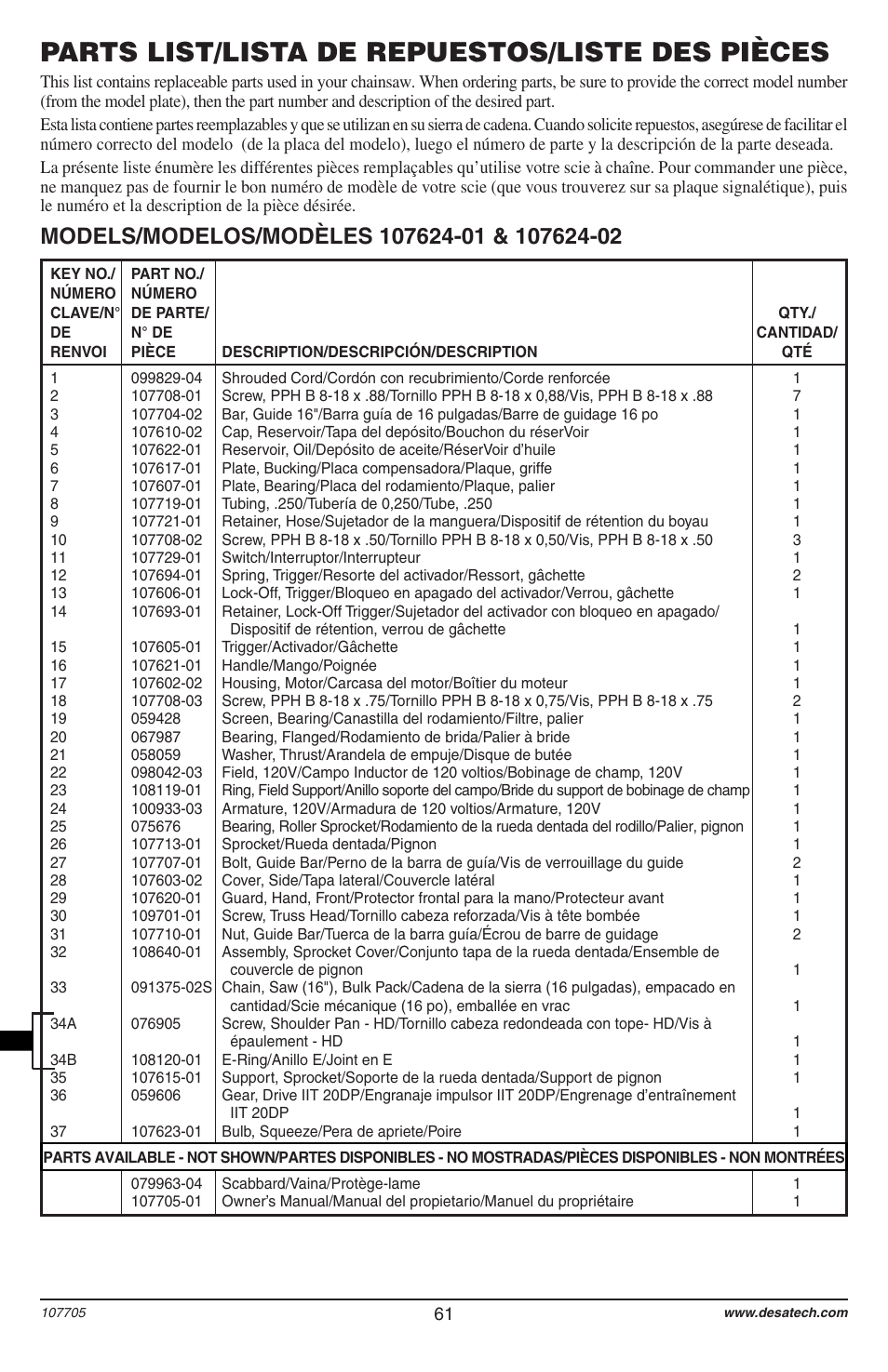 Parts list/lista de repuestos/liste des pièces | Desa 11174-01 User Manual | Page 63 / 68