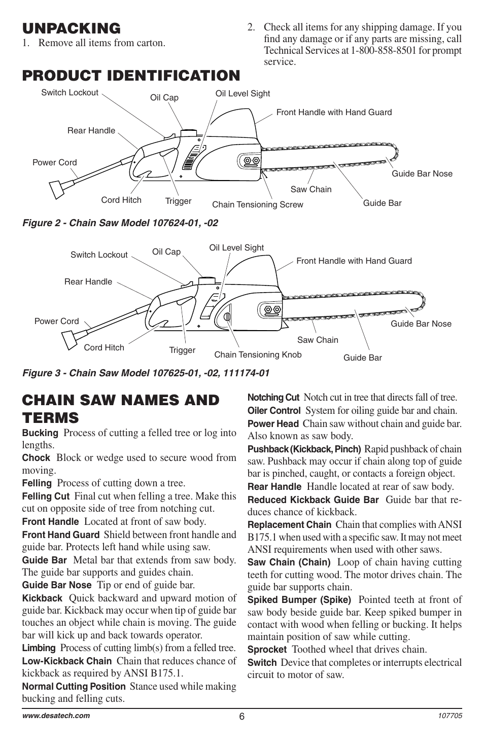 Chain saw names and terms, Product identification, Unpacking | Desa 11174-01 User Manual | Page 8 / 68