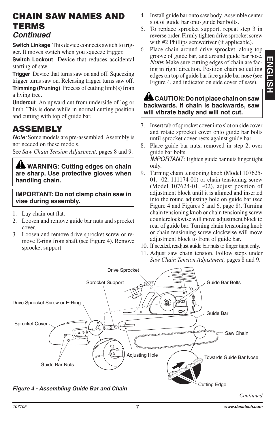 English assembly, Chain saw names and terms, Continued | Desa 11174-01 User Manual | Page 9 / 68