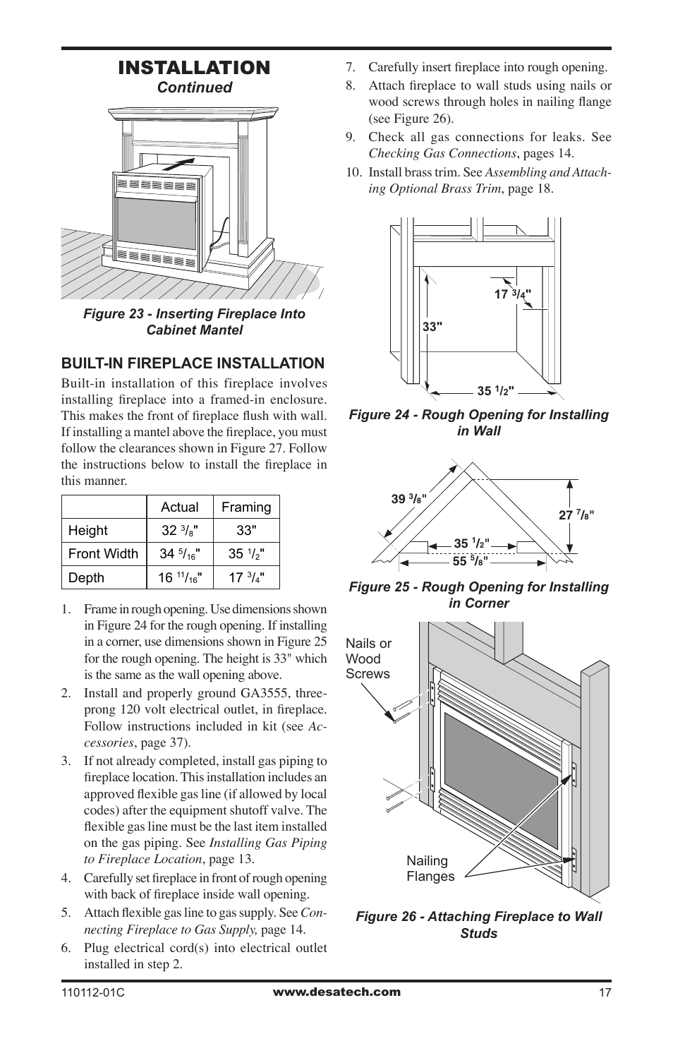 Installation, Continued built-in fireplace installation | Desa VTGF33NRA User Manual | Page 17 / 40