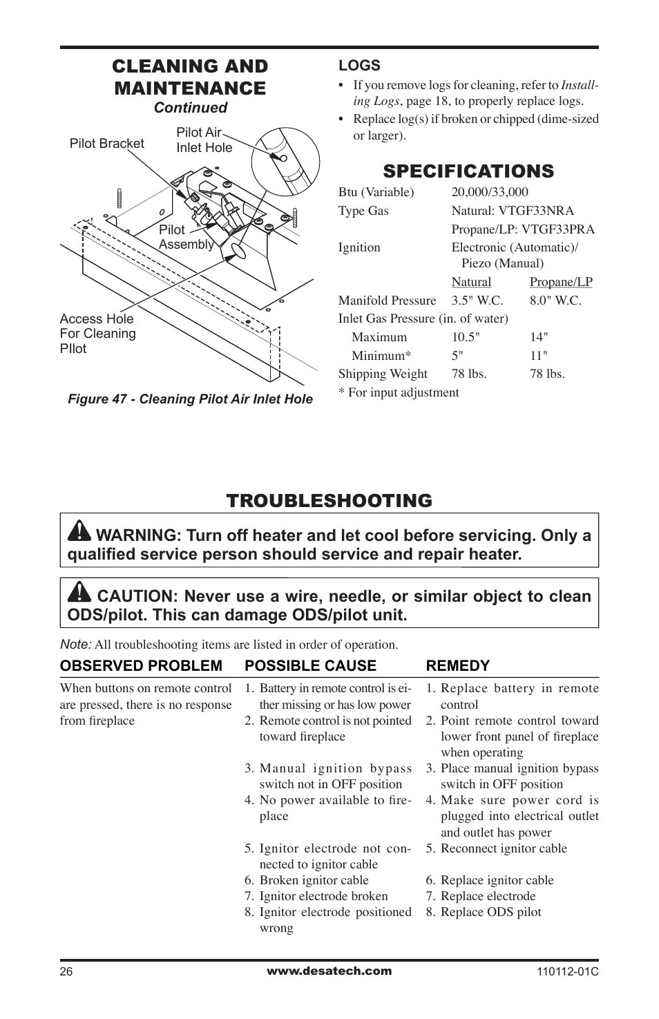 Troubleshooting, Specifications, Cleaning and maintenance | Desa VTGF33NRA User Manual | Page 26 / 40