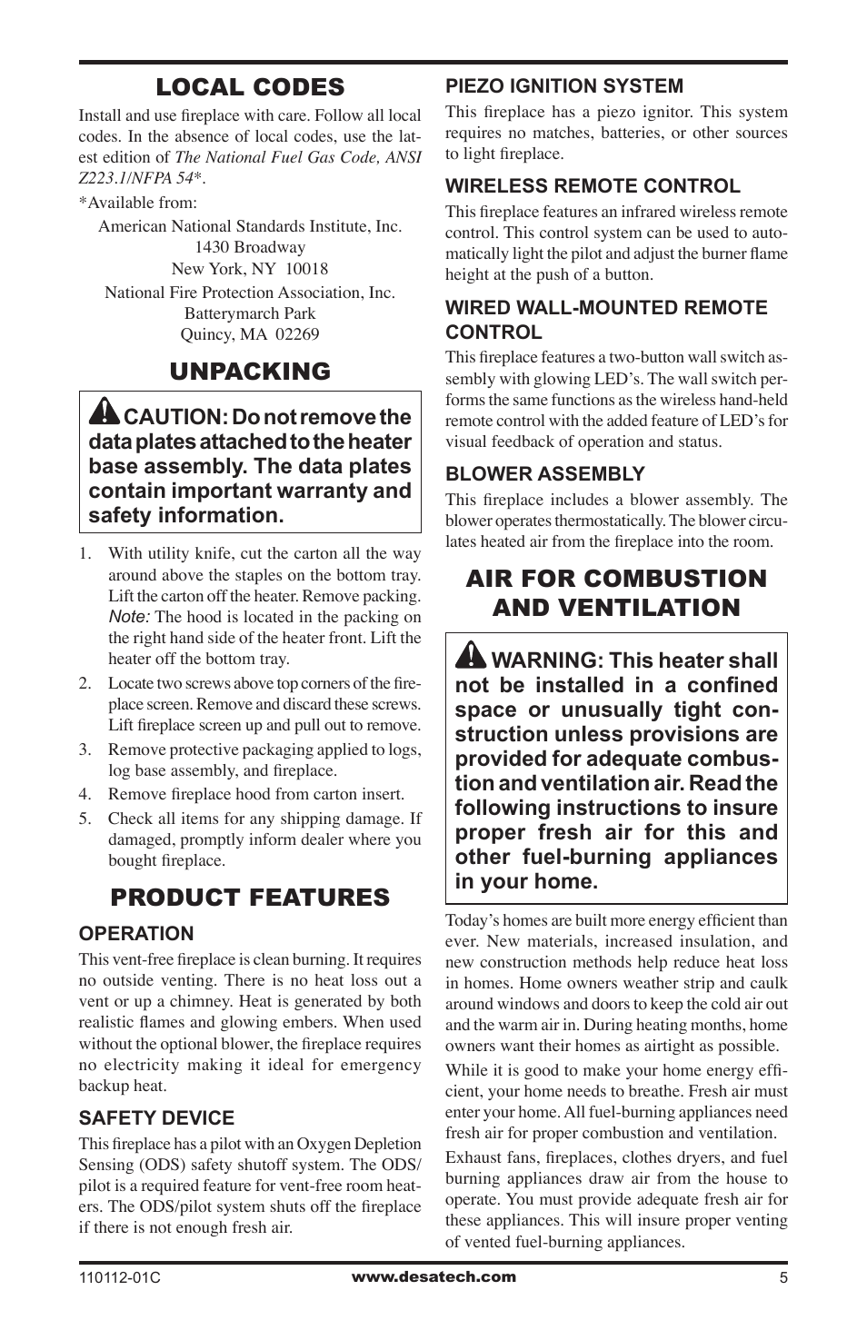 Local codes, Unpacking, Product features | Air for combustion and ventilation | Desa VTGF33NRA User Manual | Page 5 / 40