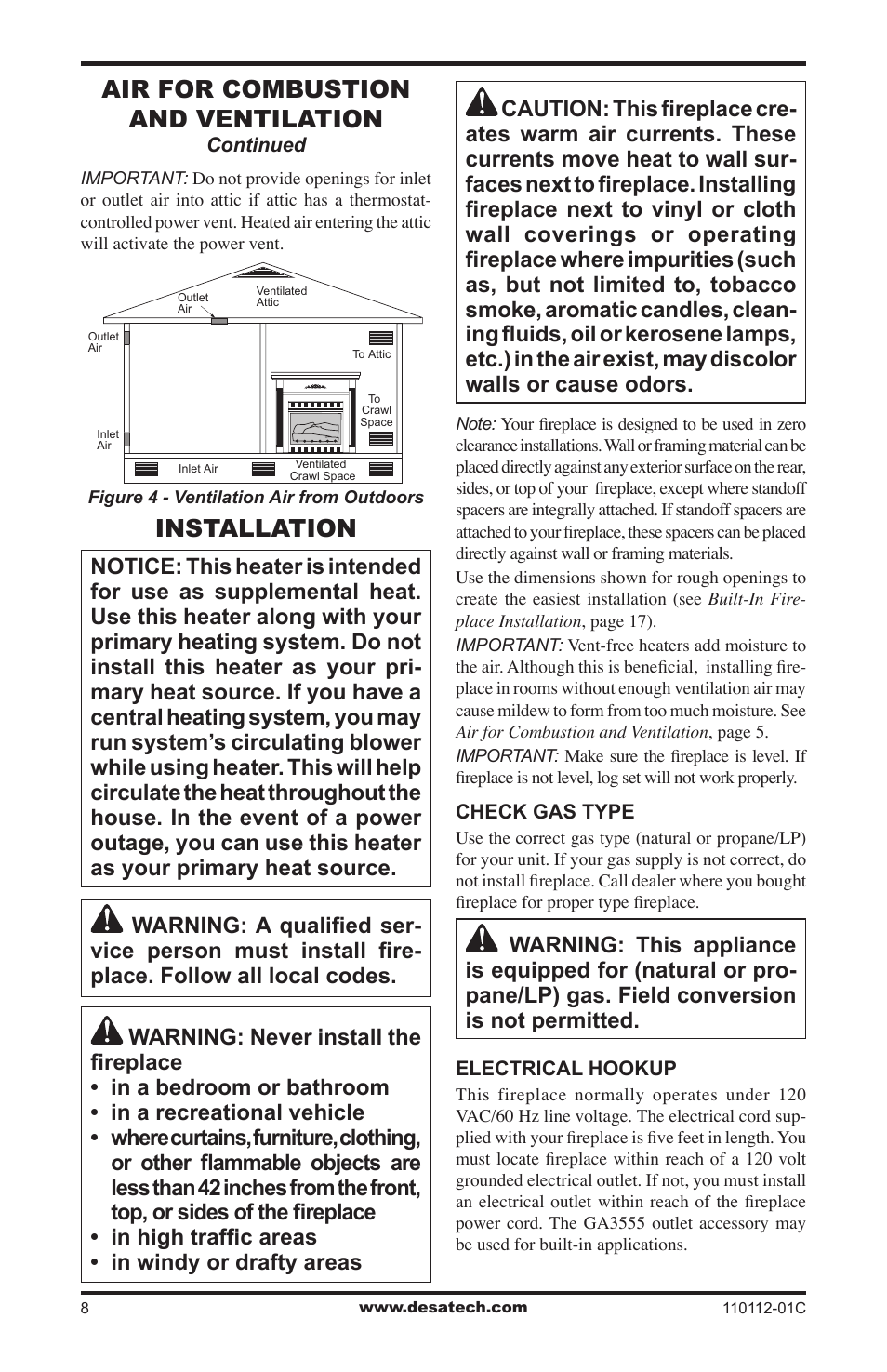 Installation, Air for combustion and ventilation | Desa VTGF33NRA User Manual | Page 8 / 40