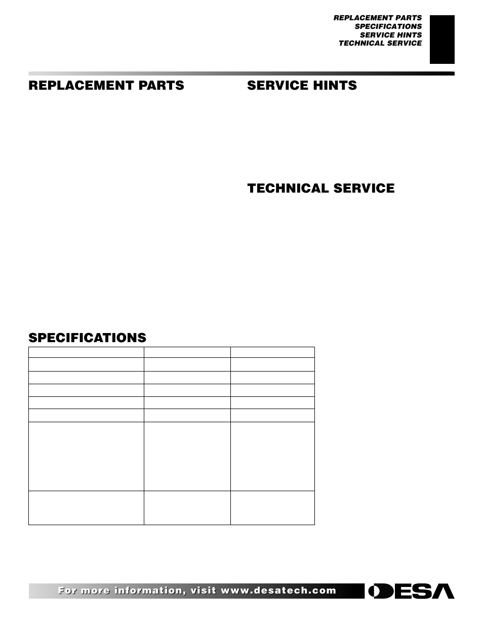 Specifications service hints, Technical service, Replacement parts | Desa (V)K42EN SERIES User Manual | Page 29 / 38