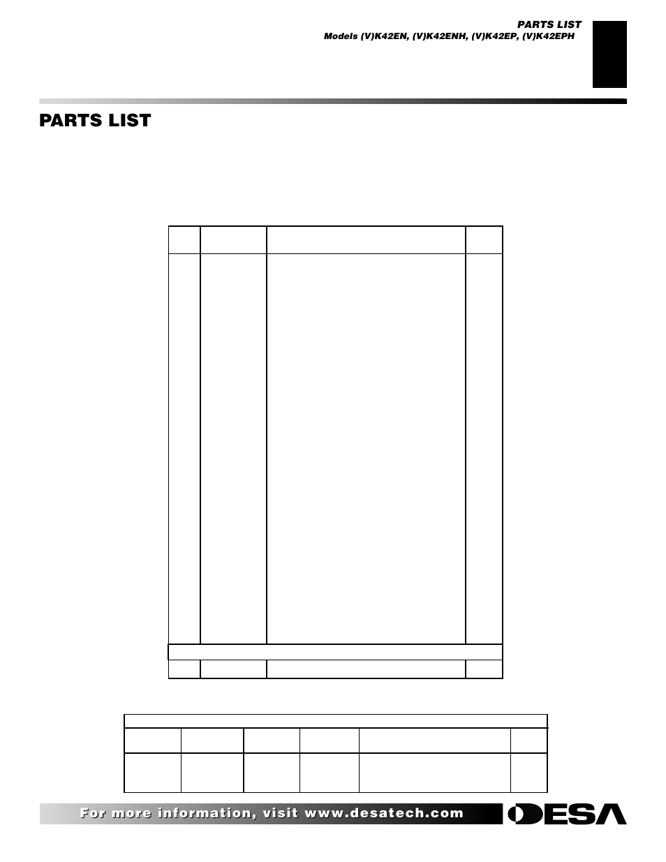 Parts list | Desa (V)K42EN SERIES User Manual | Page 31 / 38