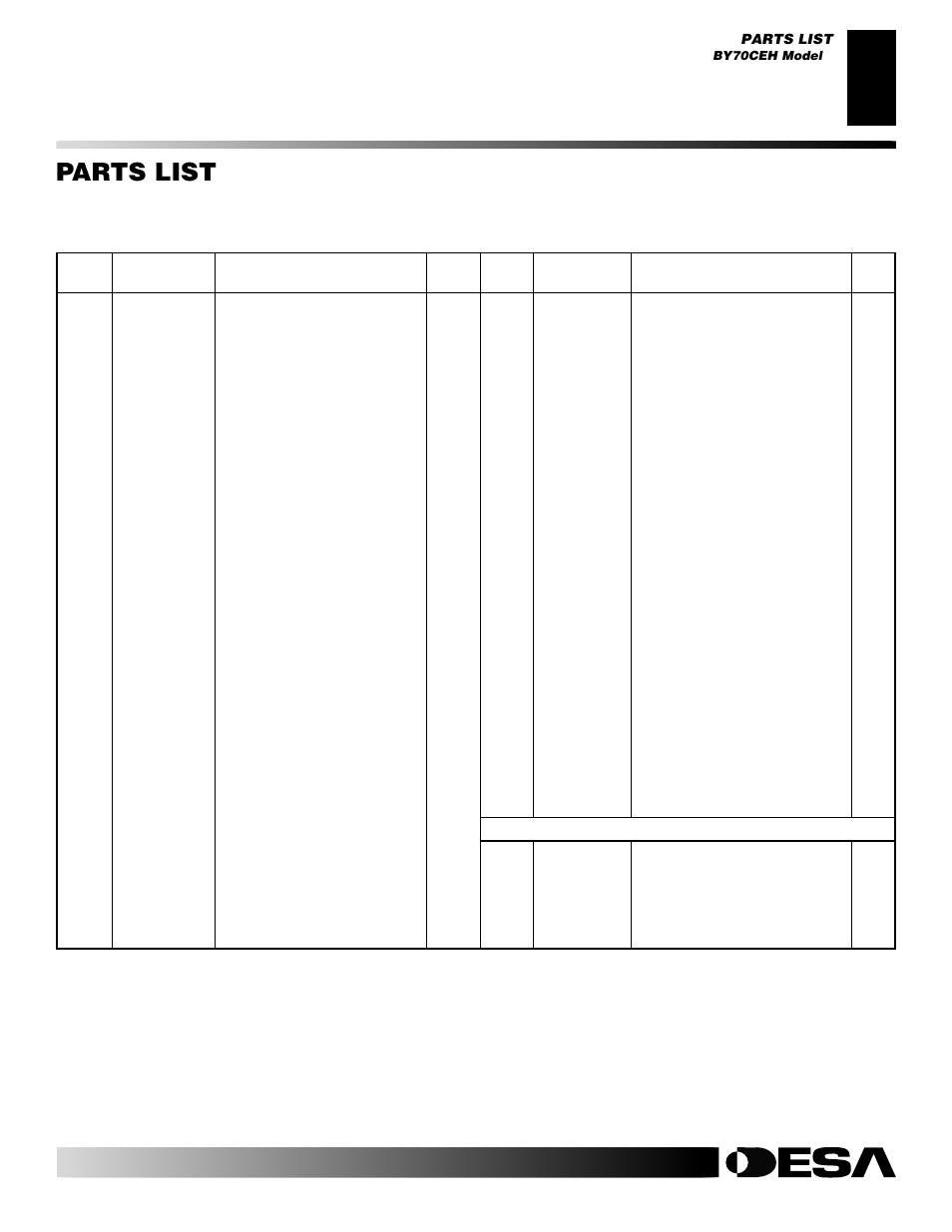 Parts list, By70ceh model | Desa BY35CEH User Manual | Page 19 / 26