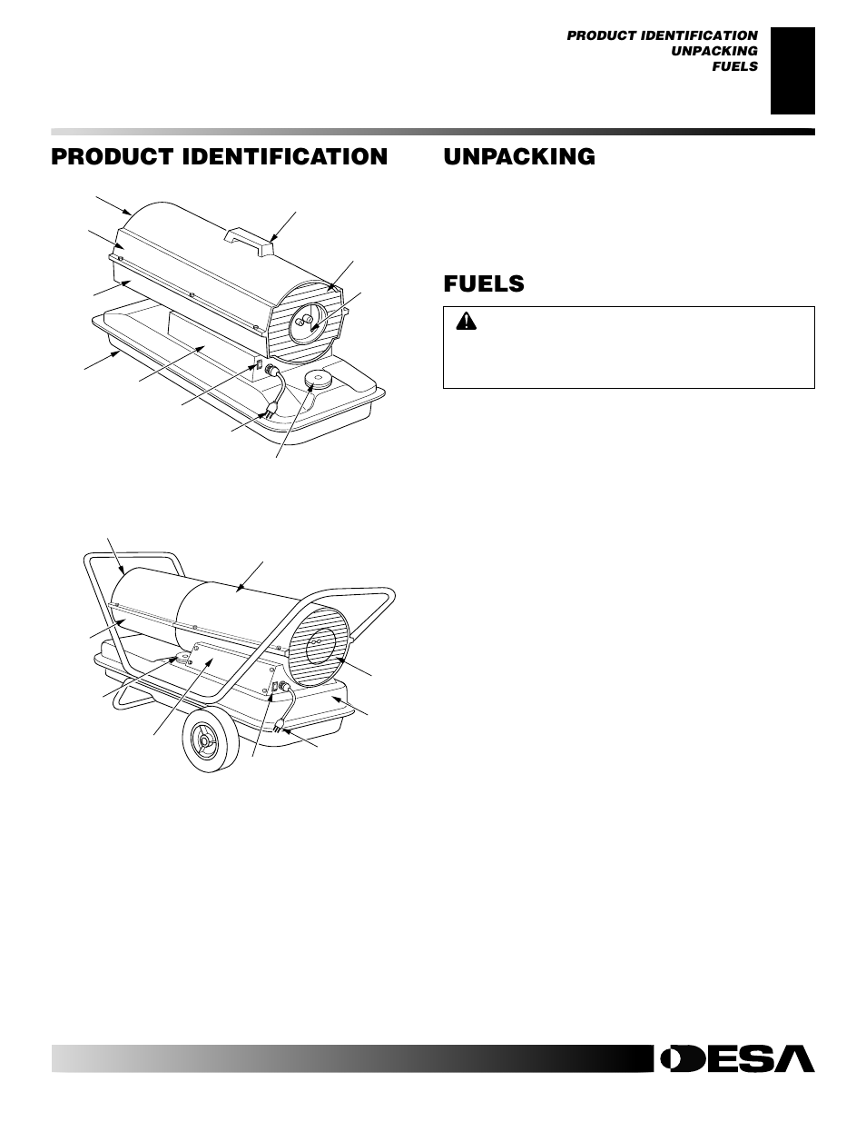 Product identification, Unpacking, Fuels | Desa BY35CEH User Manual | Page 3 / 26