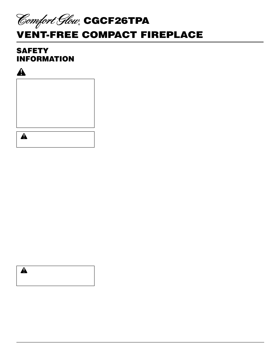 Vent-free compact fireplace cgcf26tpa, Safety information | Desa CGCF26TPA User Manual | Page 2 / 24