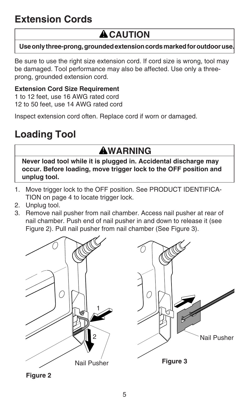 Extension cords, Loading tool, Caution | Warning | Desa 32003 User Manual | Page 5 / 8