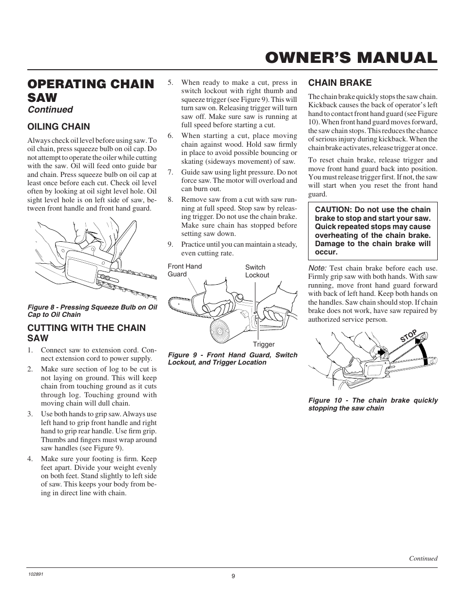 Owner’s manual, Operating chain saw, Continued | Desa Remington 100271-01 User Manual | Page 11 / 74
