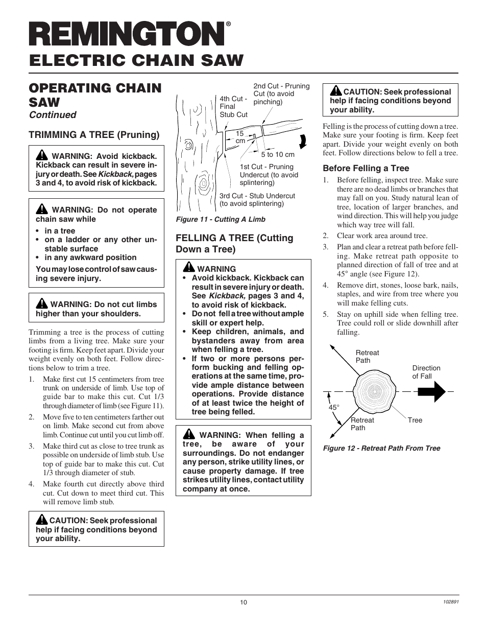 Electric chain saw, Operating chain saw, Continued | Desa Remington 100271-01 User Manual | Page 12 / 74