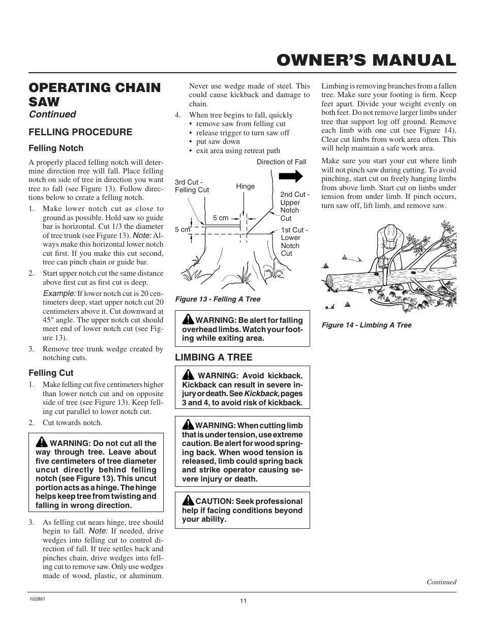 Owner’s manual, Operating chain saw, Continued | Desa Remington 100271-01 User Manual | Page 13 / 74