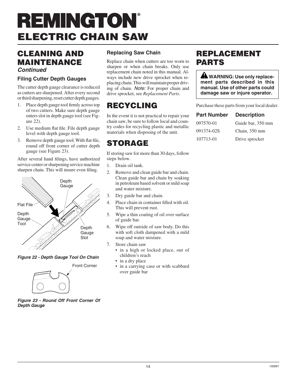 Electric chain saw, Storage, Replacement parts | Cleaning and maintenance, Recycling | Desa Remington 100271-01 User Manual | Page 16 / 74
