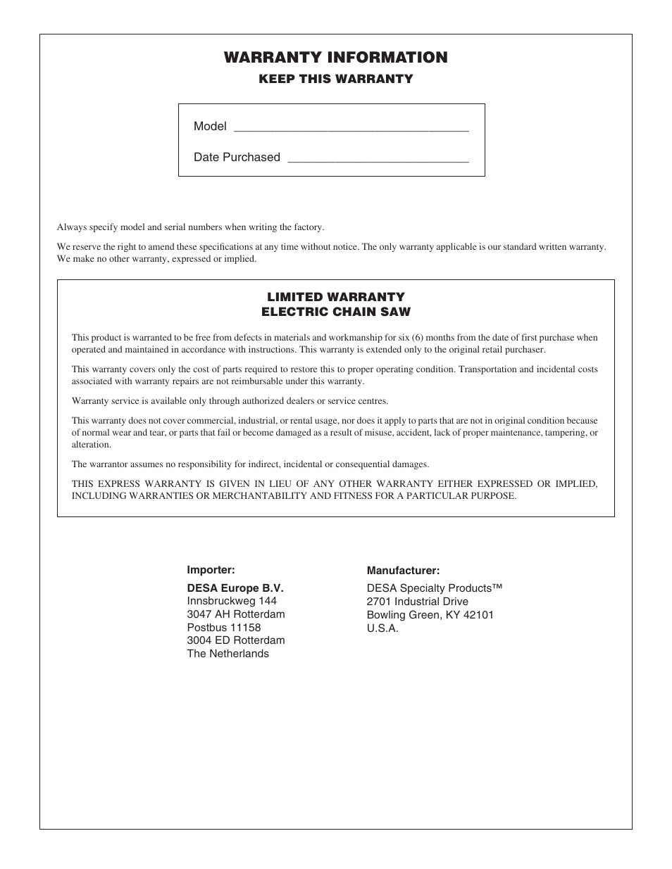 Warranty information | Desa Remington 100271-01 User Manual | Page 18 / 74