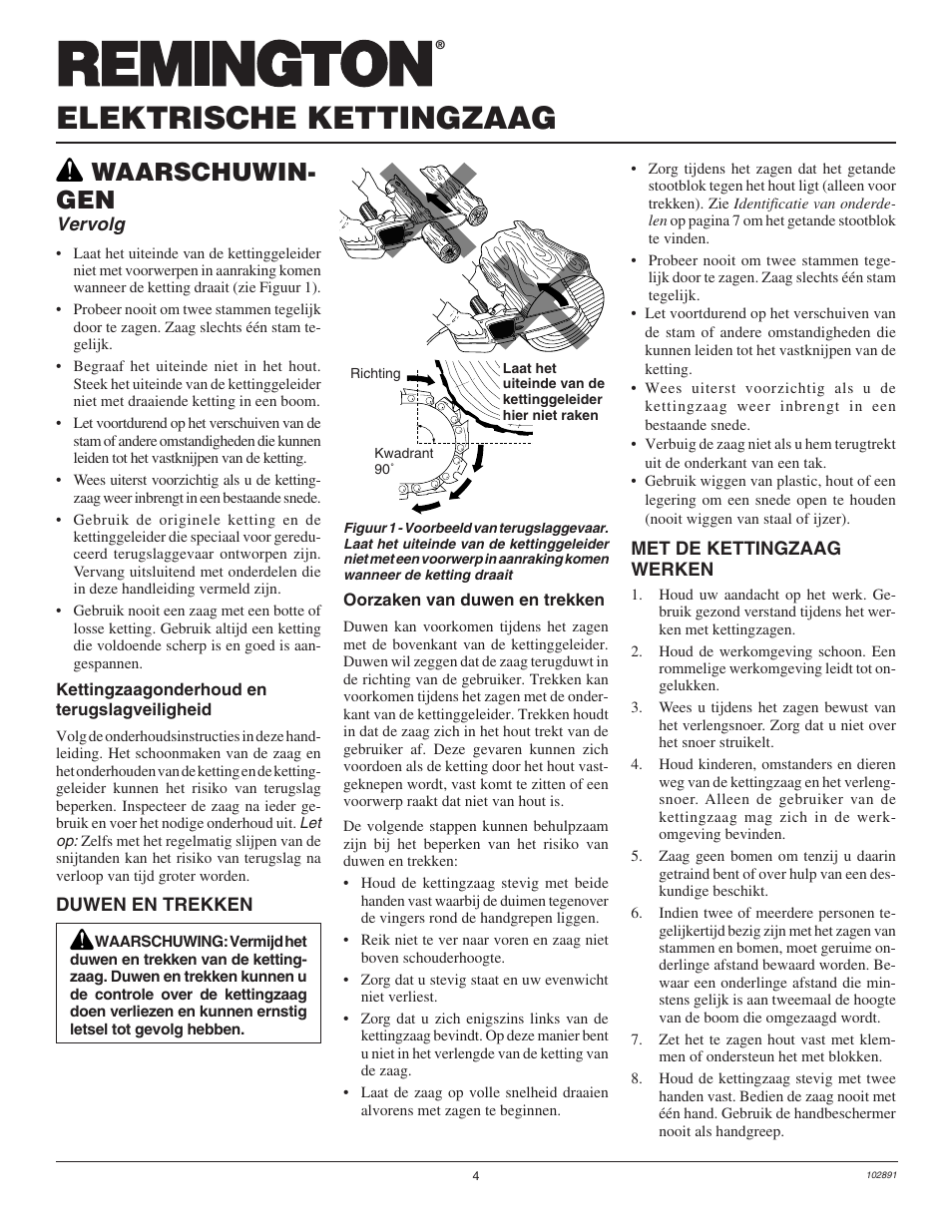 Elektrische kettingzaag, Waarschuwin- gen, Vervolg | Desa Remington 100271-01 User Manual | Page 22 / 74