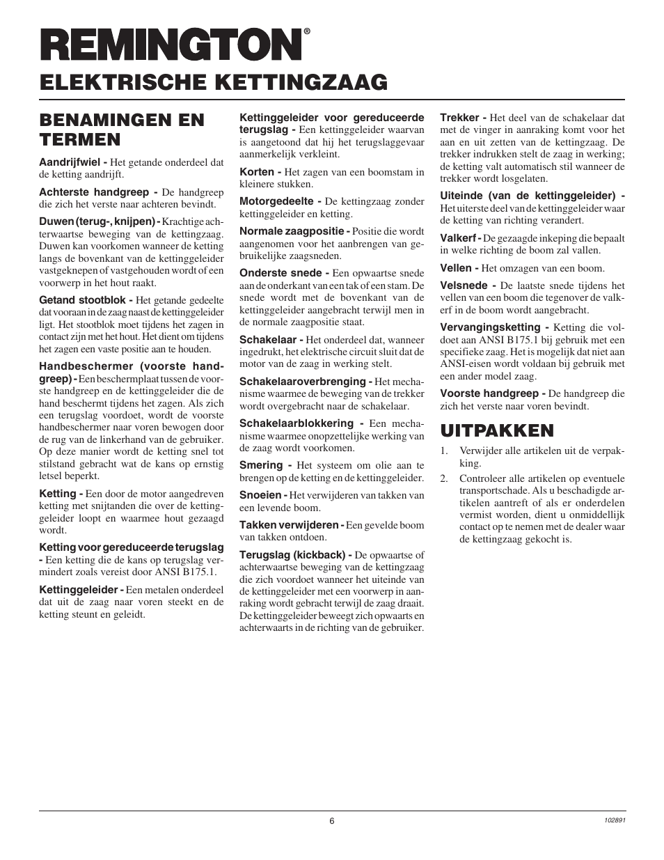 Elektrische kettingzaag, Benamingen en termen, Uitpakken | Desa Remington 100271-01 User Manual | Page 24 / 74