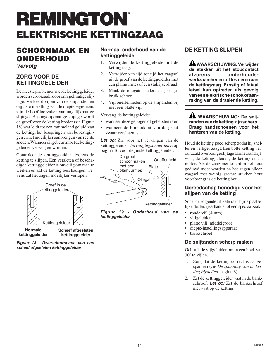 Elektrische kettingzaag, Schoonmaak en onderhoud, Vervolg | Desa Remington 100271-01 User Manual | Page 32 / 74