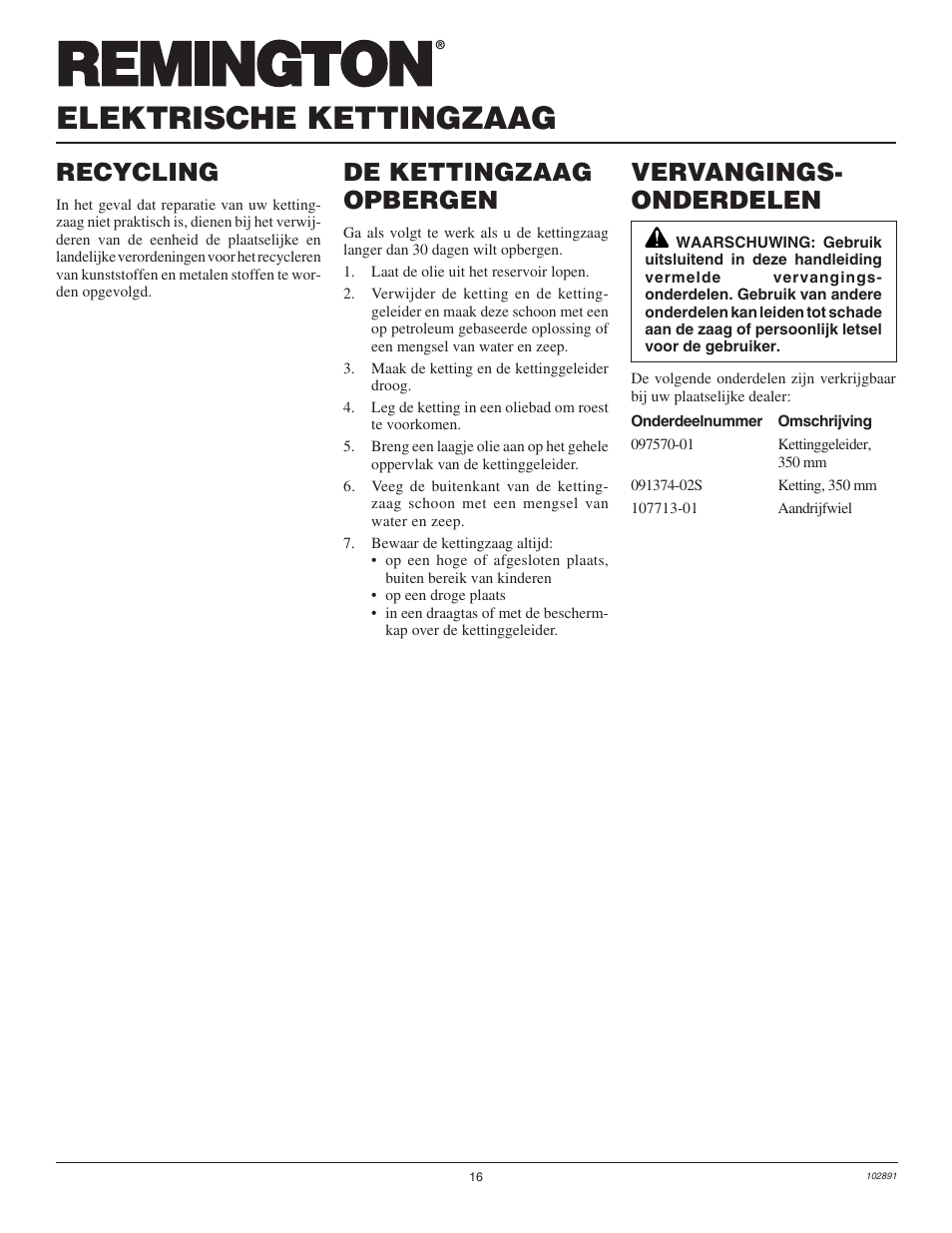 Elektrische kettingzaag, Vervangings- onderdelen recycling, De kettingzaag opbergen | Desa Remington 100271-01 User Manual | Page 34 / 74