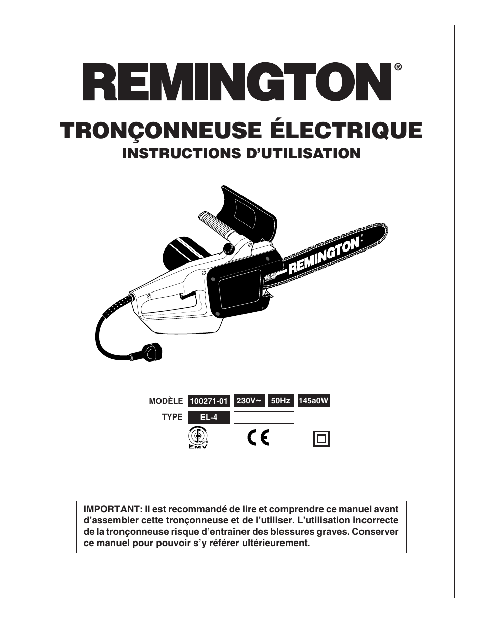 Tronçonneuse électrique, Instructions d’utilisation | Desa Remington 100271-01 User Manual | Page 37 / 74
