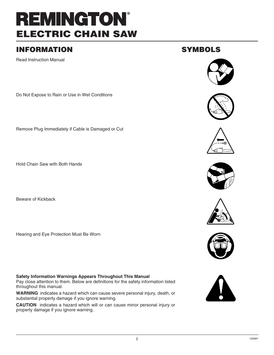 Electric chain saw, Information, Symbols | Desa Remington 100271-01 User Manual | Page 4 / 74