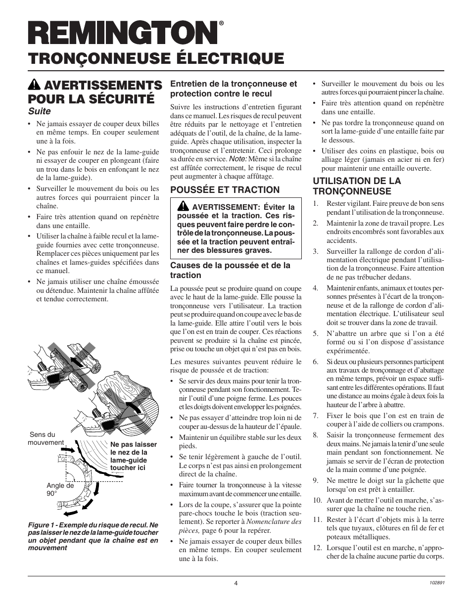 Tronçonneuse électrique, Avertissements pour la sécurité, Suite | Desa Remington 100271-01 User Manual | Page 40 / 74